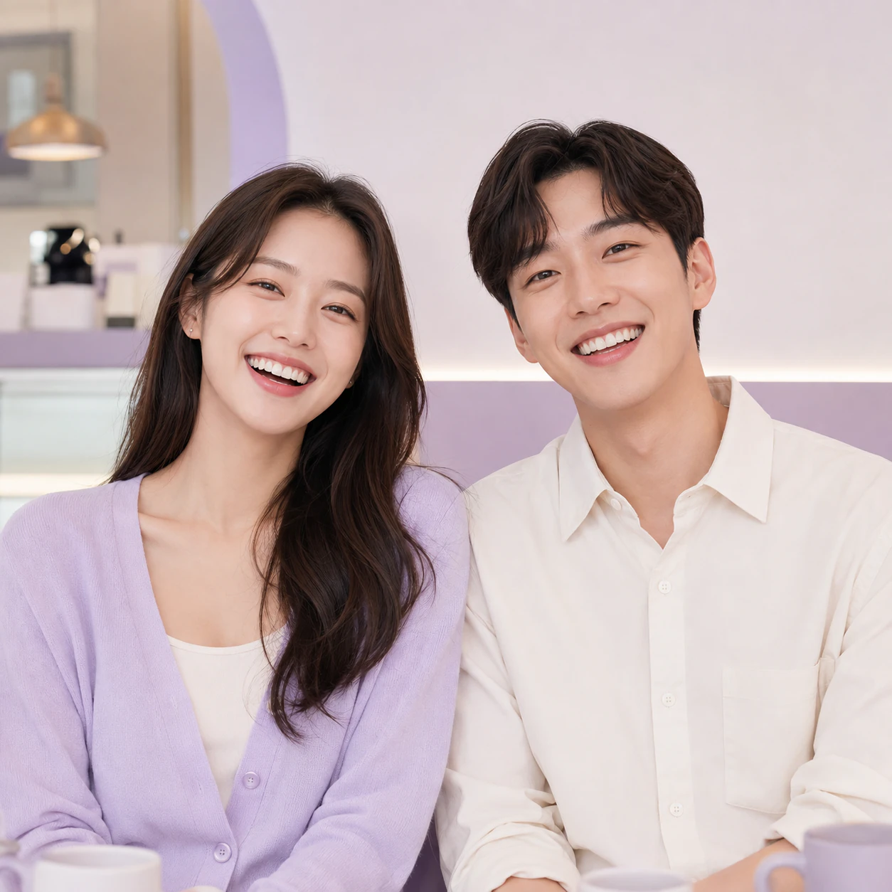 라일락빛 카페에서 함께 활짝 웃는 두 사람