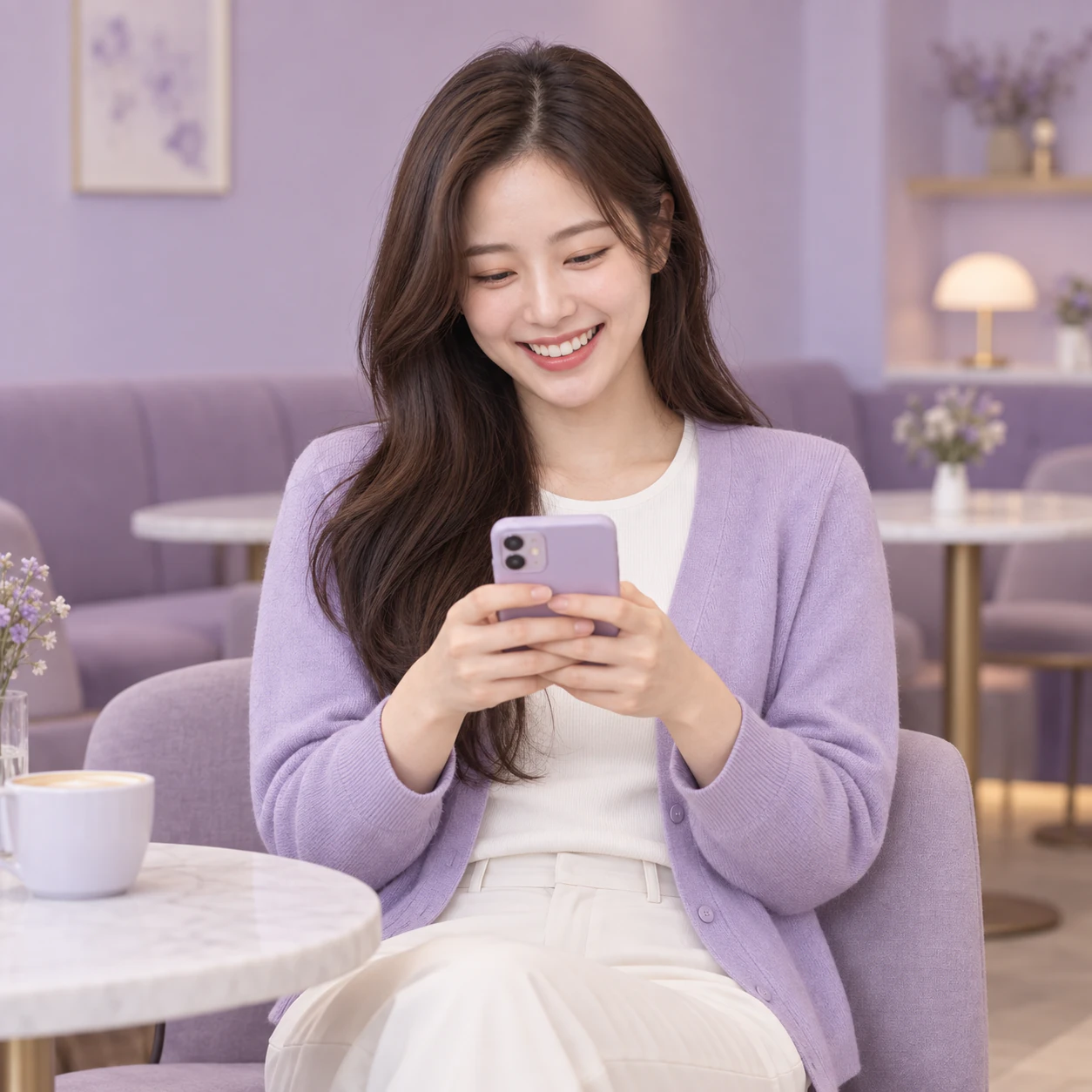 휴대폰을 보며 환하게 미소 짓는 여성
