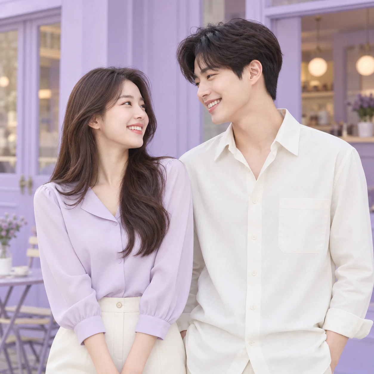 동네 카페 앞에서 서로를 보며 웃는 두 사람
